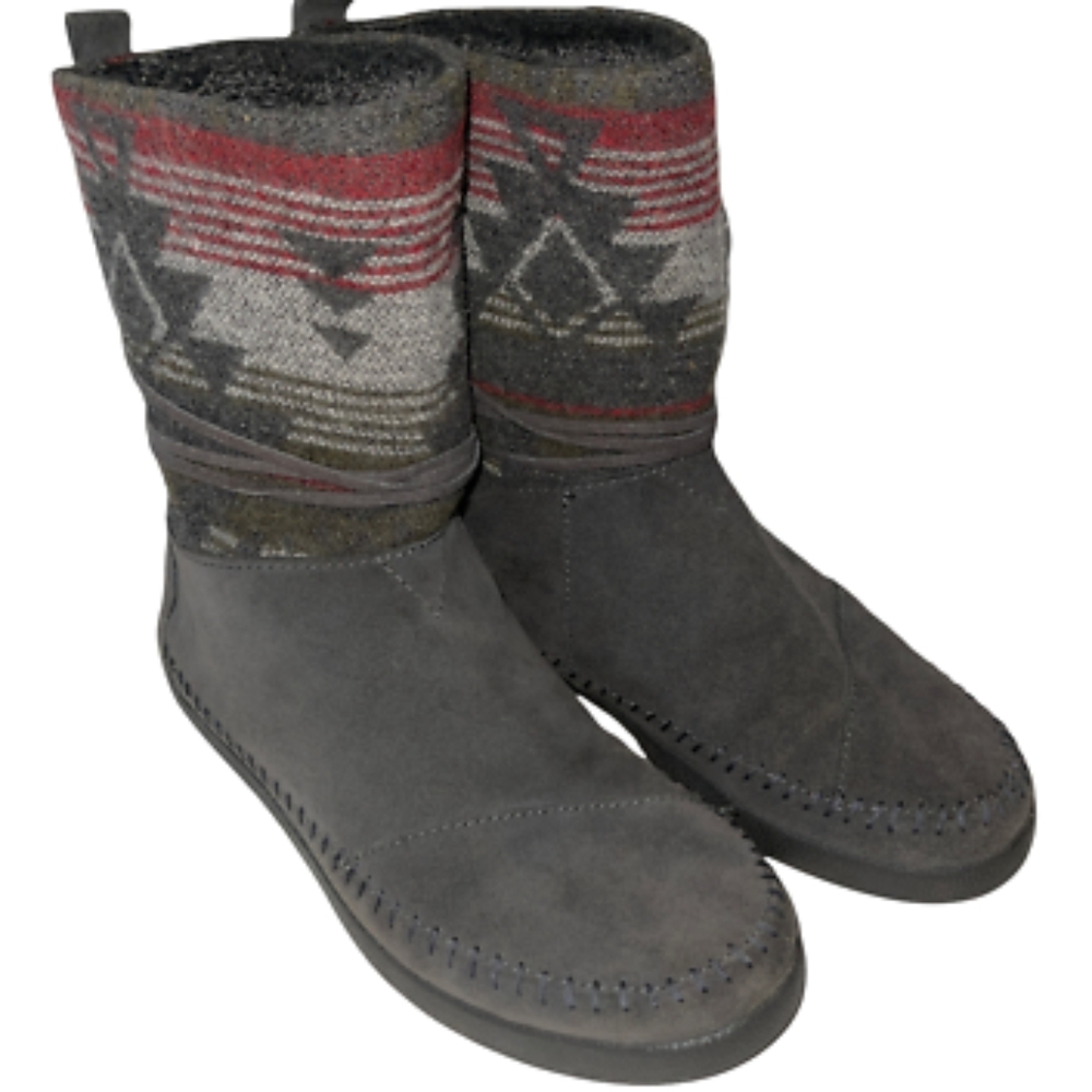 Tom's Nepal Gray Aztec Print Suede Felt Faux Fur Lined Boots Size 8.5